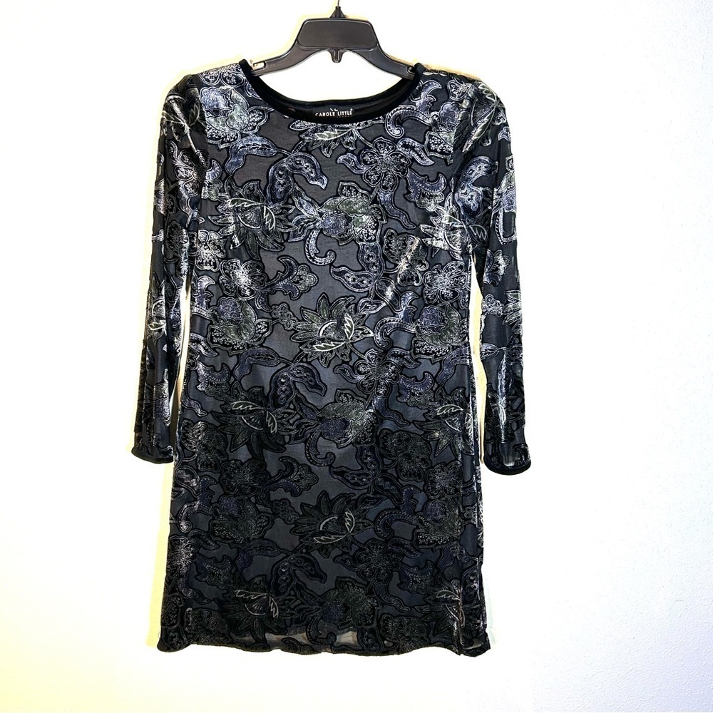 Vtg Carole Little Black Velvet Burnout Mini Dress Lined Sheer Goth Romantic 6P